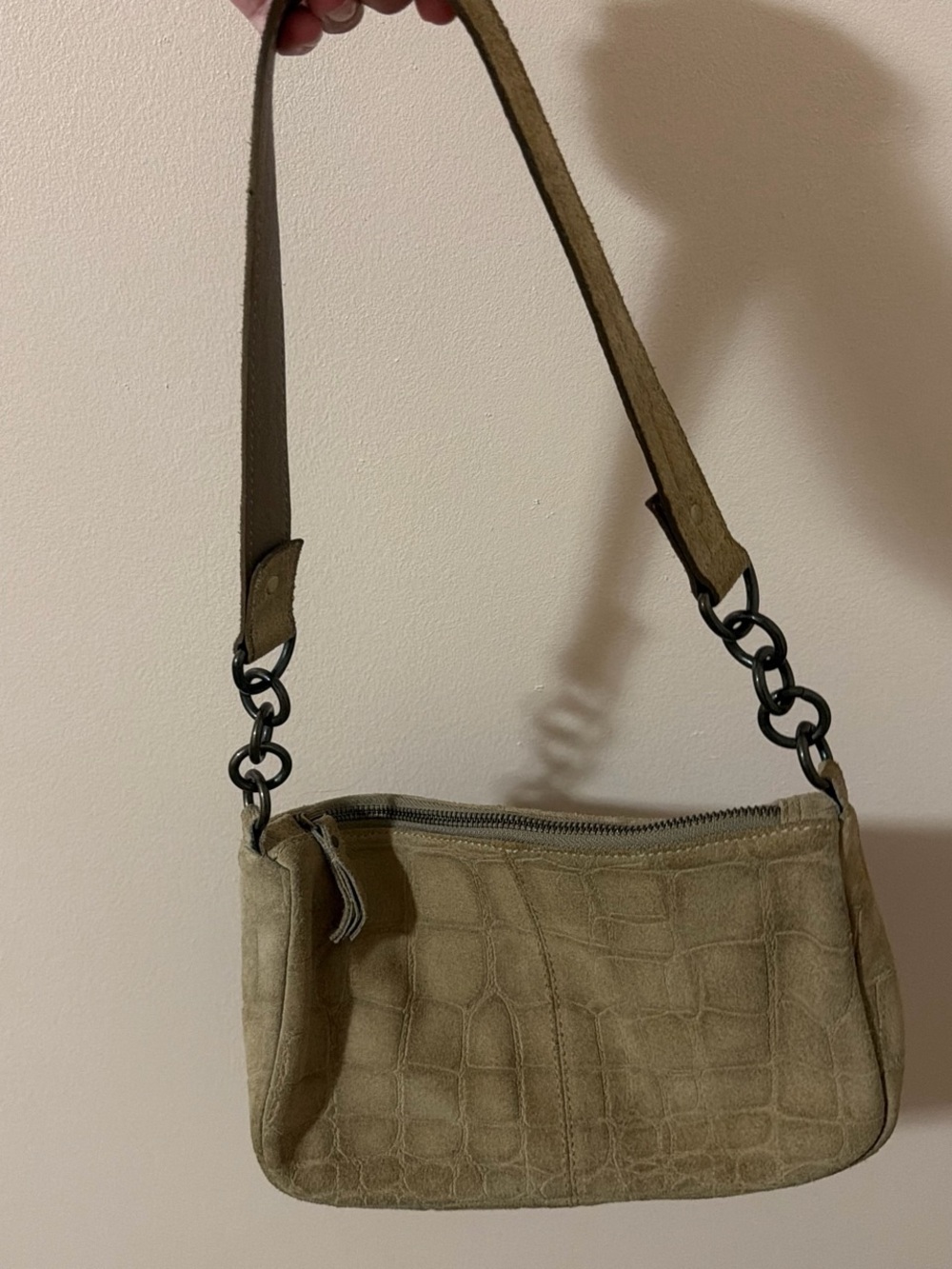 Free People Olive Suede Croc-Embossed Shoulder Bag